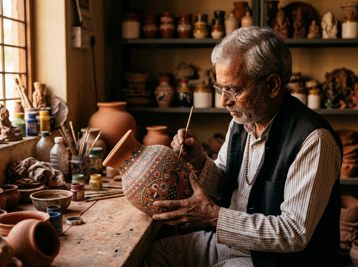 Artisan hand painting traditional terracotta pottery vase at Skyline Craft Bhopal studio