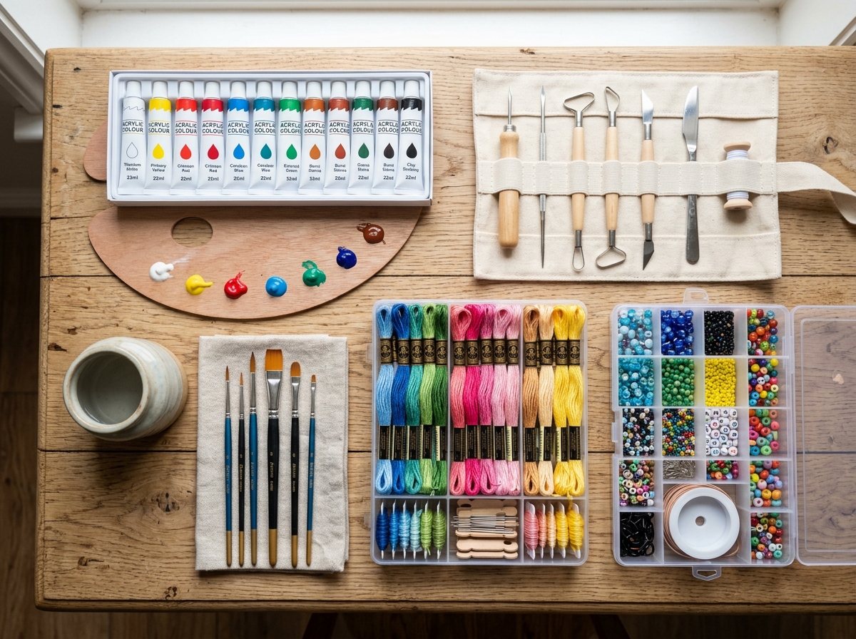 DIY Craft Materials kit with acrylic paints, brushes and clay tools